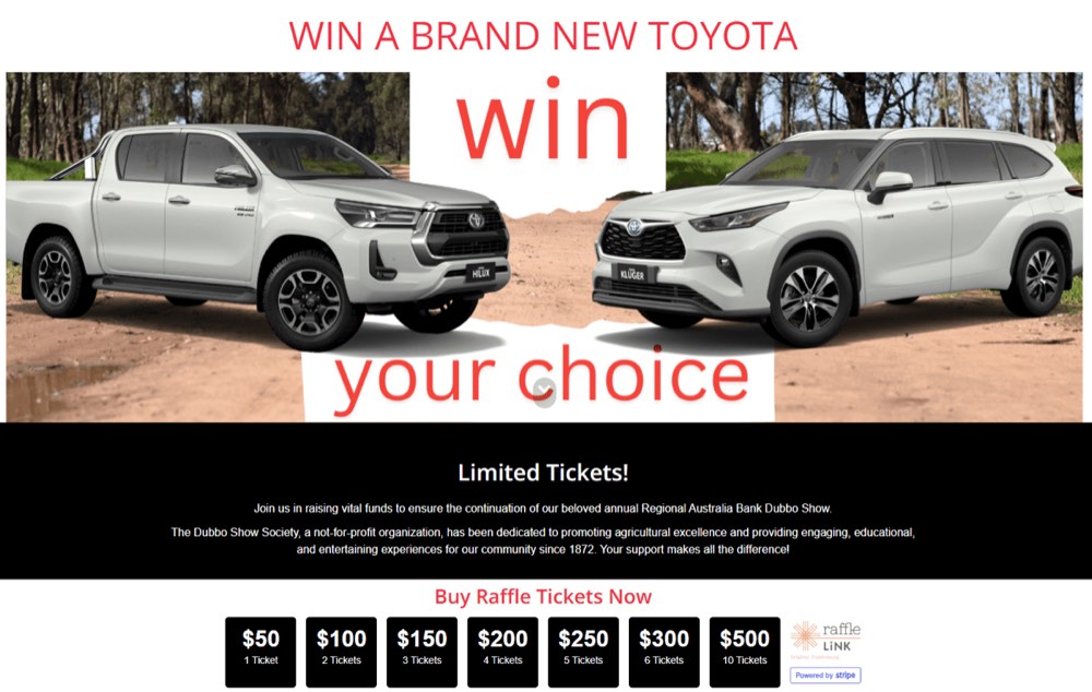 Dubbo Show Society's raffle page offering the winner's choice of two new Toyotas, with ticket bundles from $50 to $500
