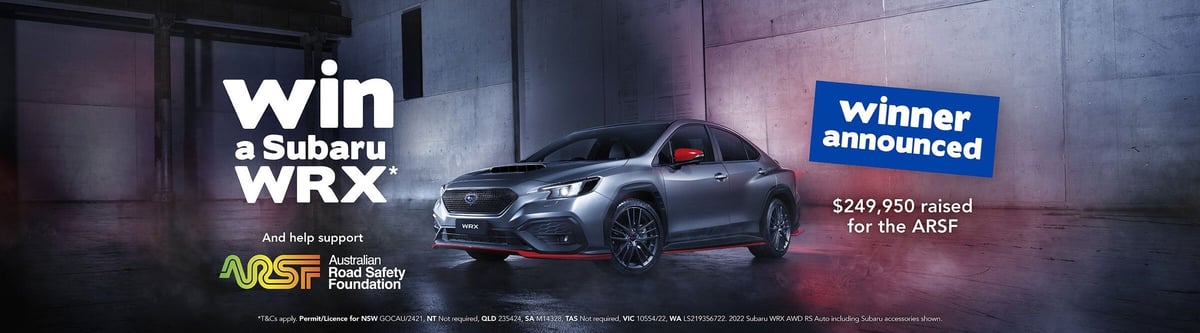 Australian Road Safety Foundation's 'Win a Subaru WRX' raffle banner, announcing $249,950 raised for the ARSF