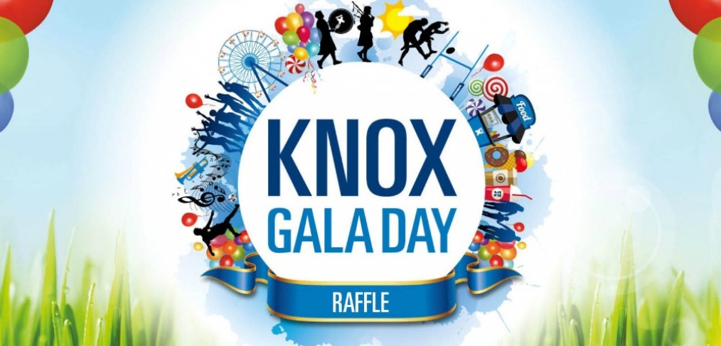 Knox Gala Day Raffle campaign banner, ringed with fair rides, sport and food-stall silhouettes