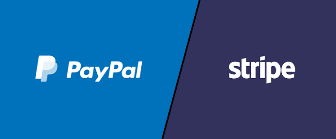 PayPal and Stripe logos side by side on blue panels