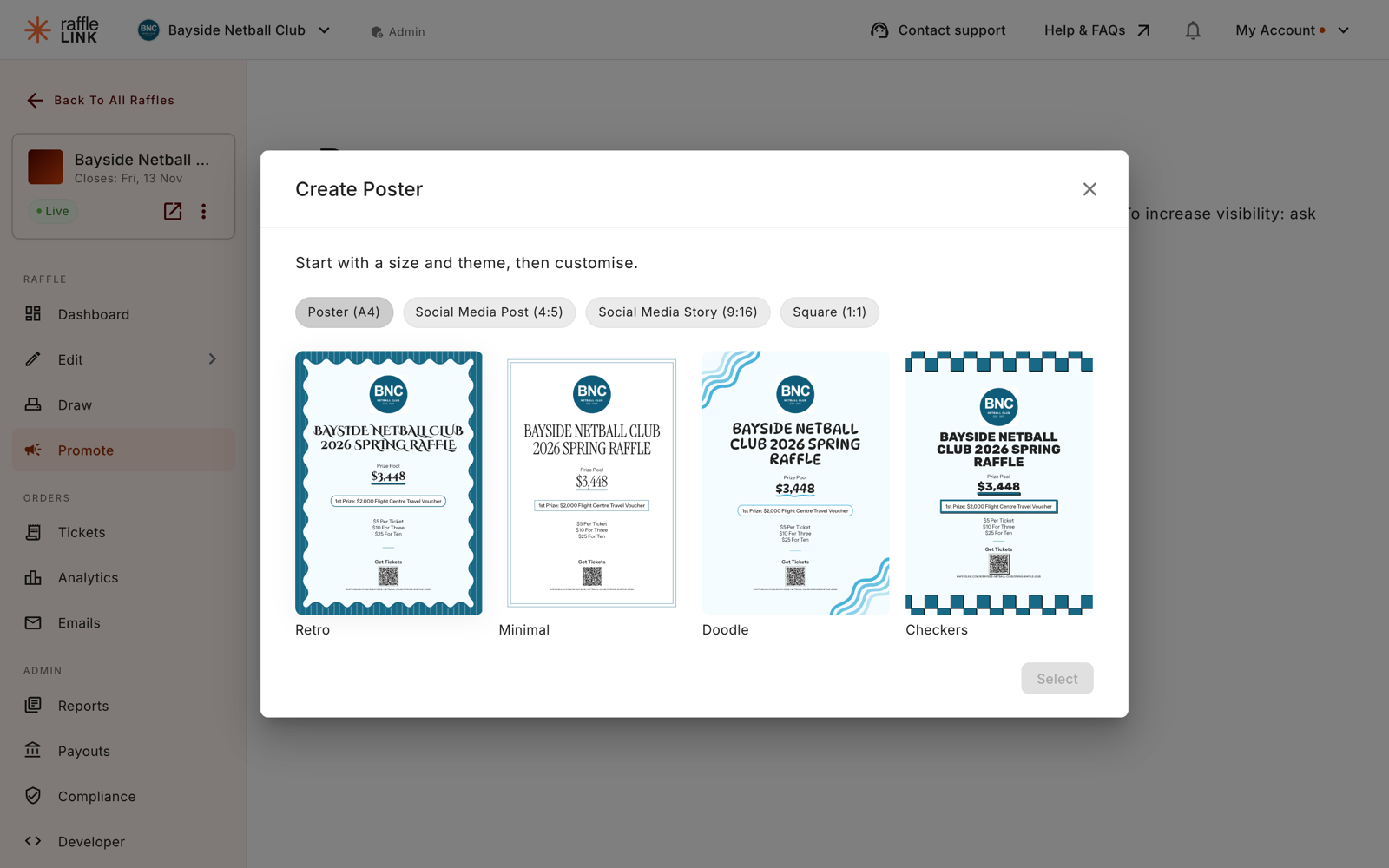 The Create Poster dialog with size chips for Poster (A4), Social Media Post, Social Media Story and Square, and four themed previews of the same netball club raffle: Retro, Minimal, Doodle and Checkers