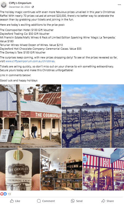 Cliffy's Emporium Facebook post unveiling the latest additions to the Christmas raffle prize pool, with photos of local prize donors