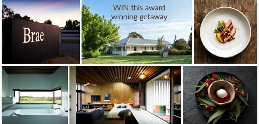 Collage of the Brae Restaurant prize package — the restaurant sign, the award-winning getaway, plated dishes and luxury suite