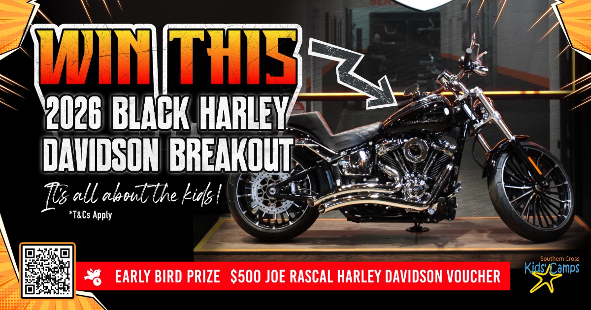 The campaign's own artwork: "Win this 2026 black Harley-Davidson Breakout, it's all about the kids", beside a photo of the bike on a dealer floor, with the $500 Joe Rascal early-bird voucher called out below