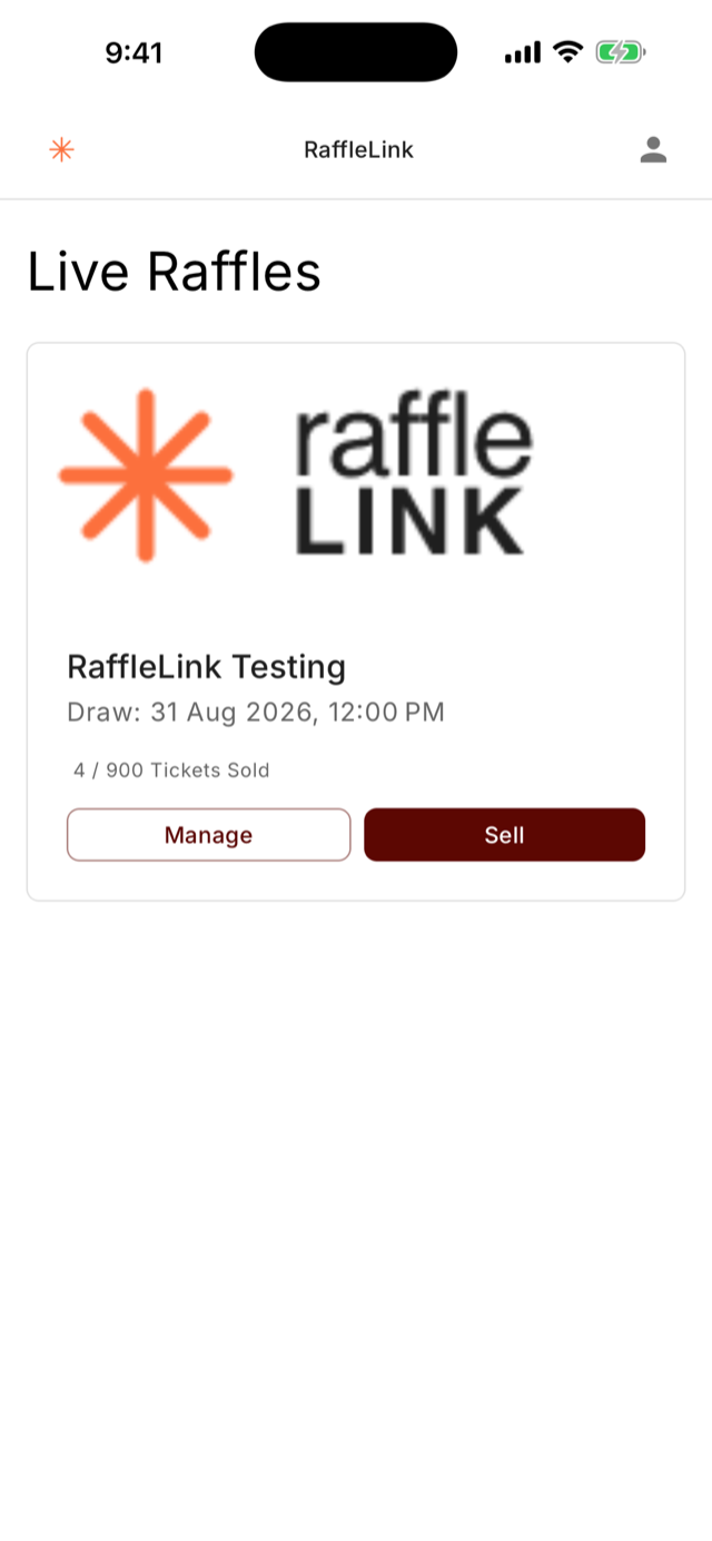 The Live Raffles screen listing an active raffle with its draw date, tickets sold, and Manage and Sell buttons