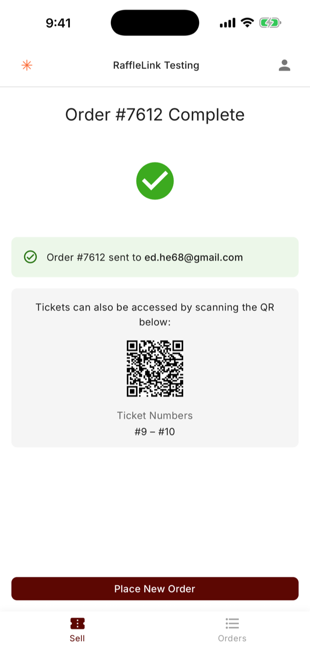 The completed order screen showing Order #7612 Complete, a confirmation that the order was emailed to the buyer, and a QR code with ticket numbers 9 to 10