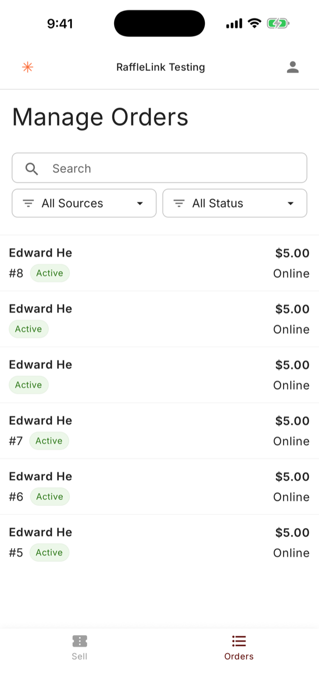 The Manage Orders screen listing recent orders with buyer names, amounts, ticket numbers, status chips and source filters