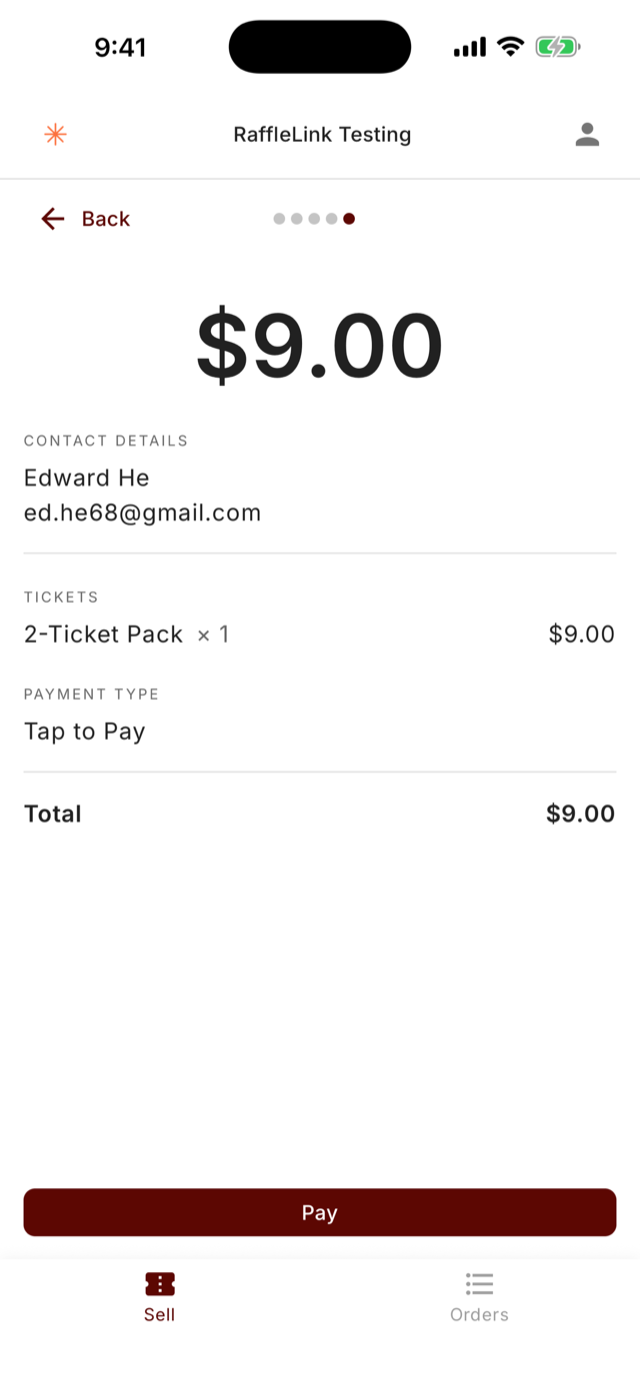 The order summary showing a $9.00 total, buyer contact details, the ticket pack and a Pay button