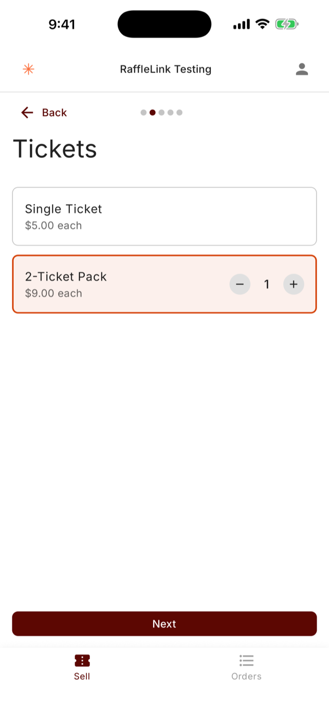The Tickets step showing a single ticket at $5 and a 2-ticket pack at $9 with a quantity stepper