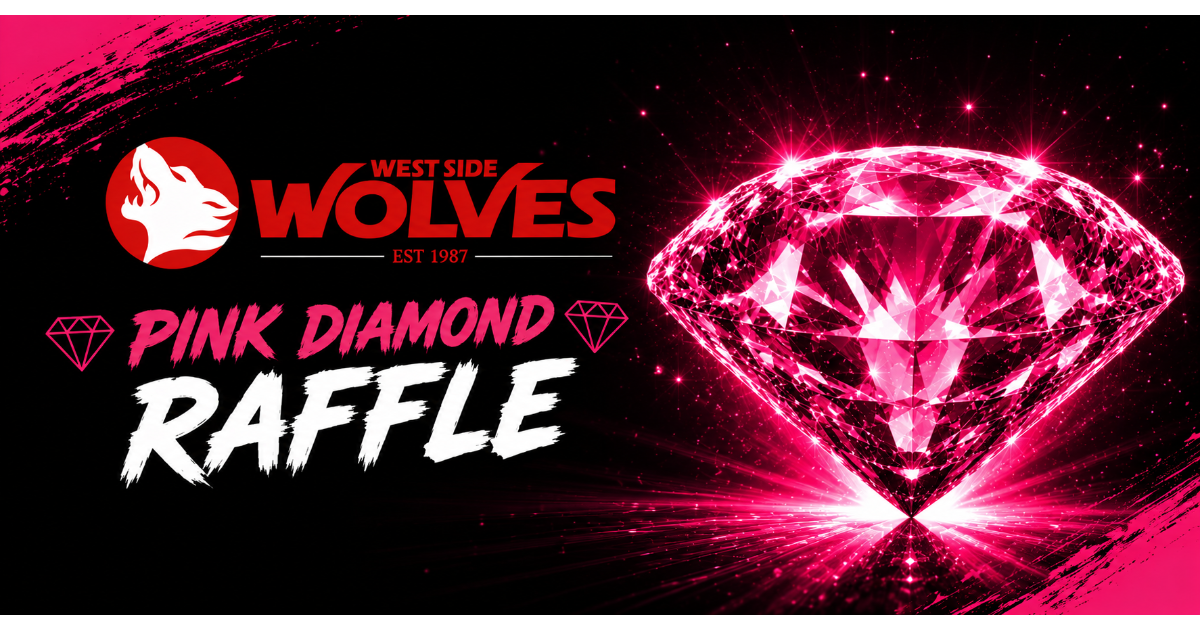 The campaign's own artwork: the West Side Wolves logo and the words Pink Diamond Raffle beside a glowing pink diamond on black