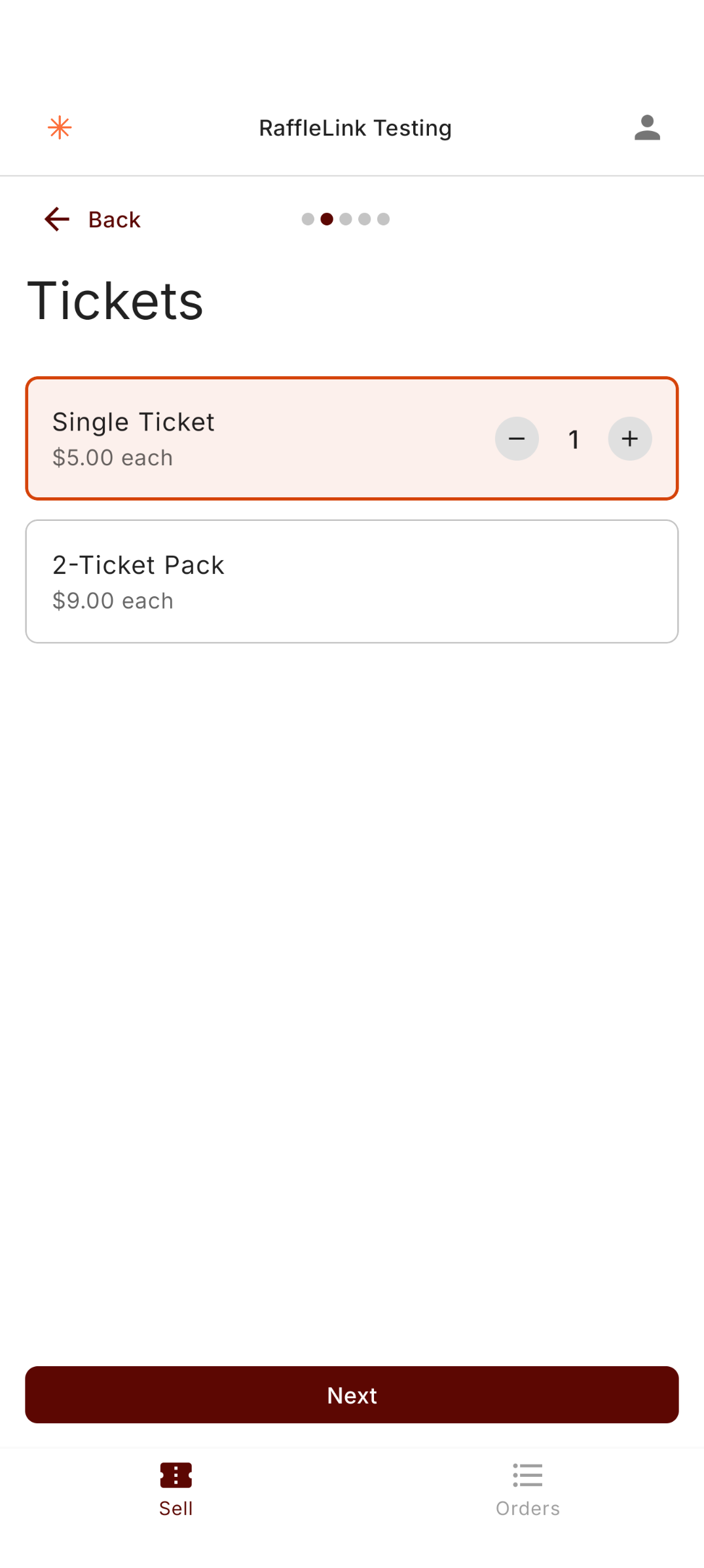 The Ticket Booth app's Tickets screen: a single ticket at $5 and a two-ticket pack at $9, with a quantity stepper and a Next button